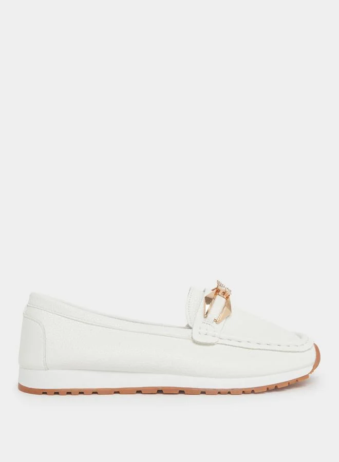 Leather Loafers with Gold Buckle White