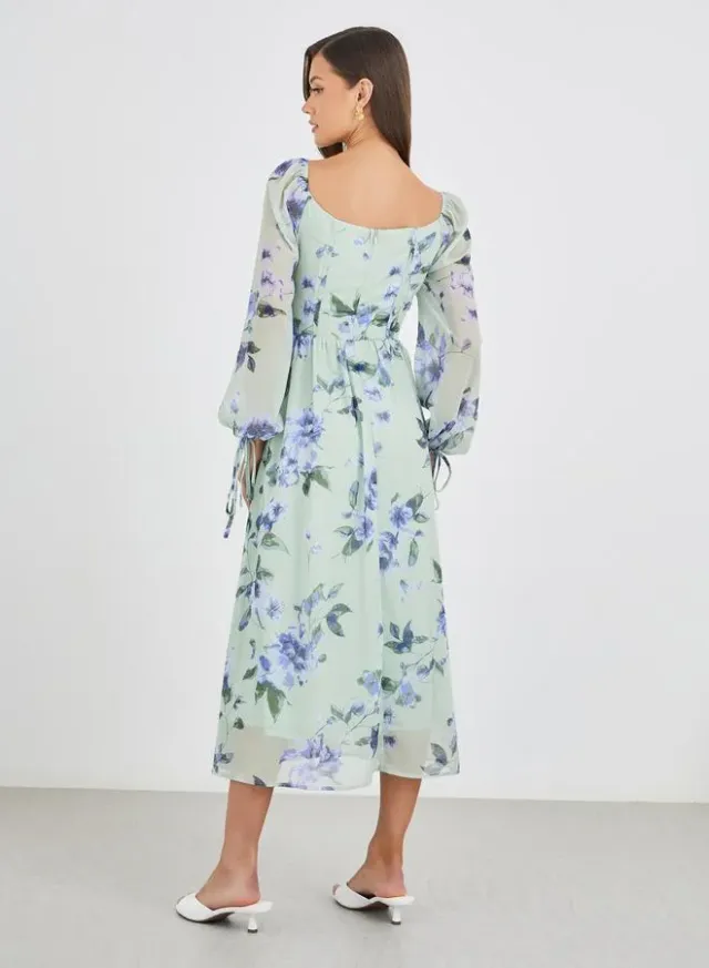 Mint Green Floral Chiffon Midi Dress with Square Neck and Long Sleeves – image 5