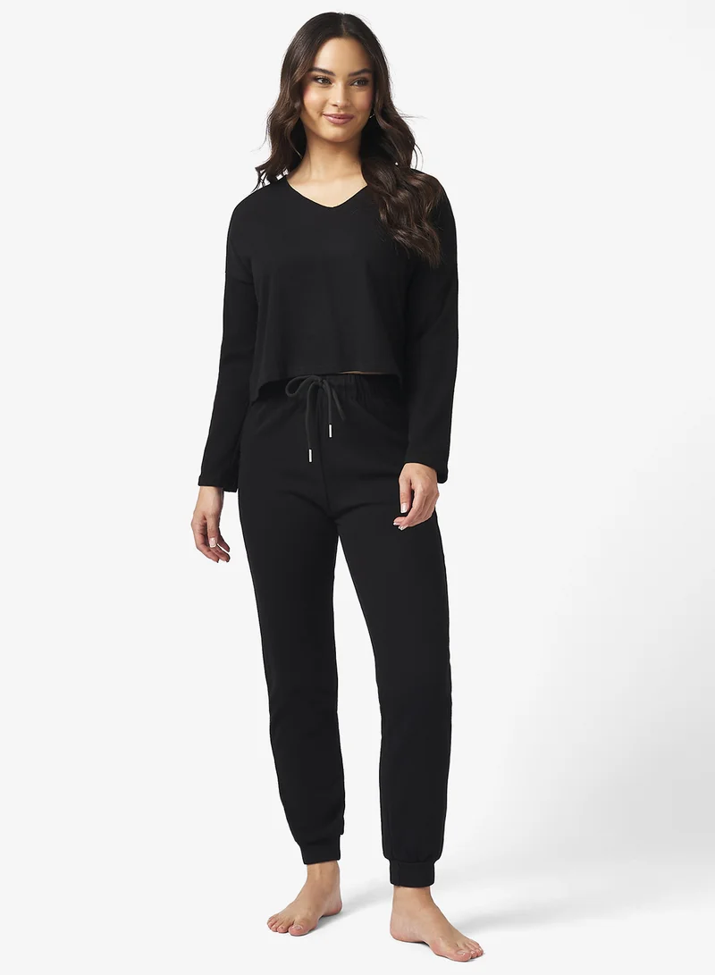 V-Neck Fine Knit Jumper & Pant Set Black