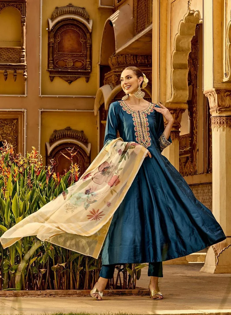 Women's Self Design Kurta Palazzo Set Teal Blue