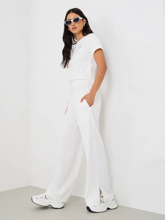 Pin Tuck Wide Leg Slit Joggers White