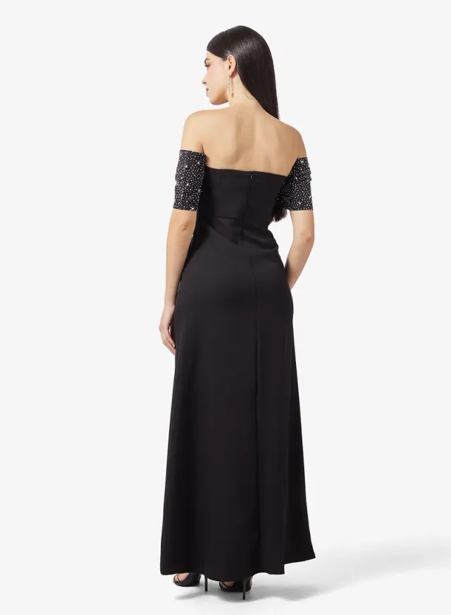 Black Off-Shoulder Maxi Dress with Shimmer Bodice – image 2
