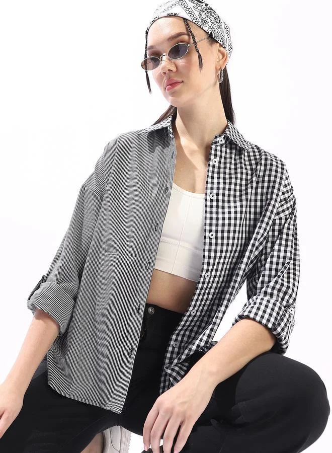 Women's Oversized Cotton Checkered Button Down Shirt Black