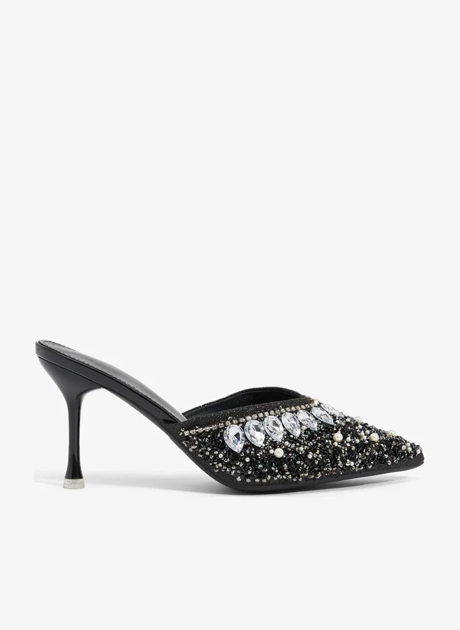 Rhinestone Embellished Mid Heel Sandals Black
