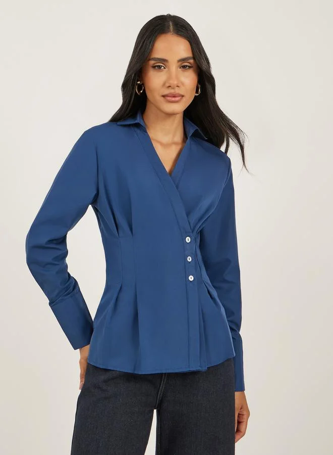 Styli Women's Pleated Wrap Shirt Steel Blue