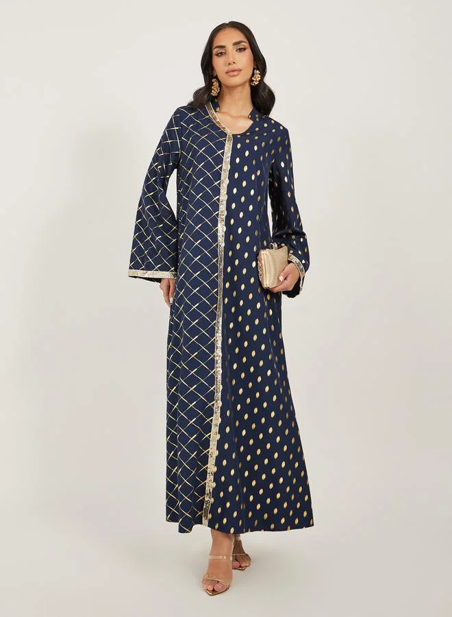 Foil Lace Collared Jalabiya Deep Navy Blue