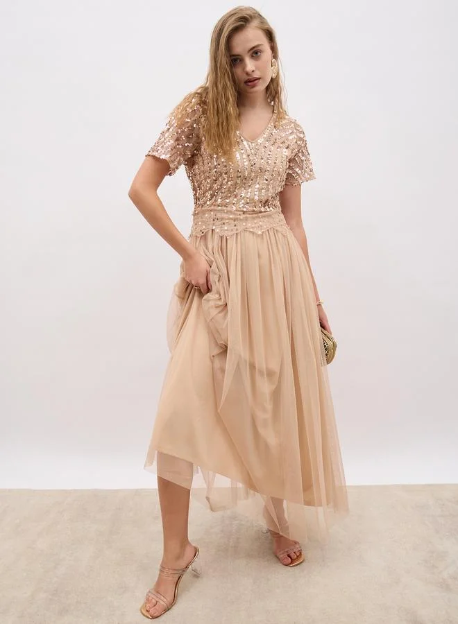 Embellished Gown Dress Pale Beige