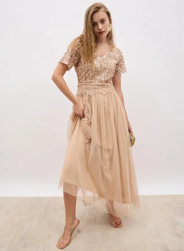 Embellished Gown Dress Pale Beige