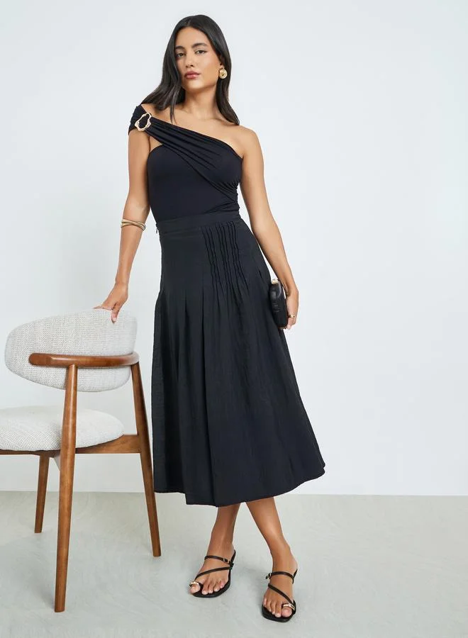 Pleated A-Line Midi Skirt Black