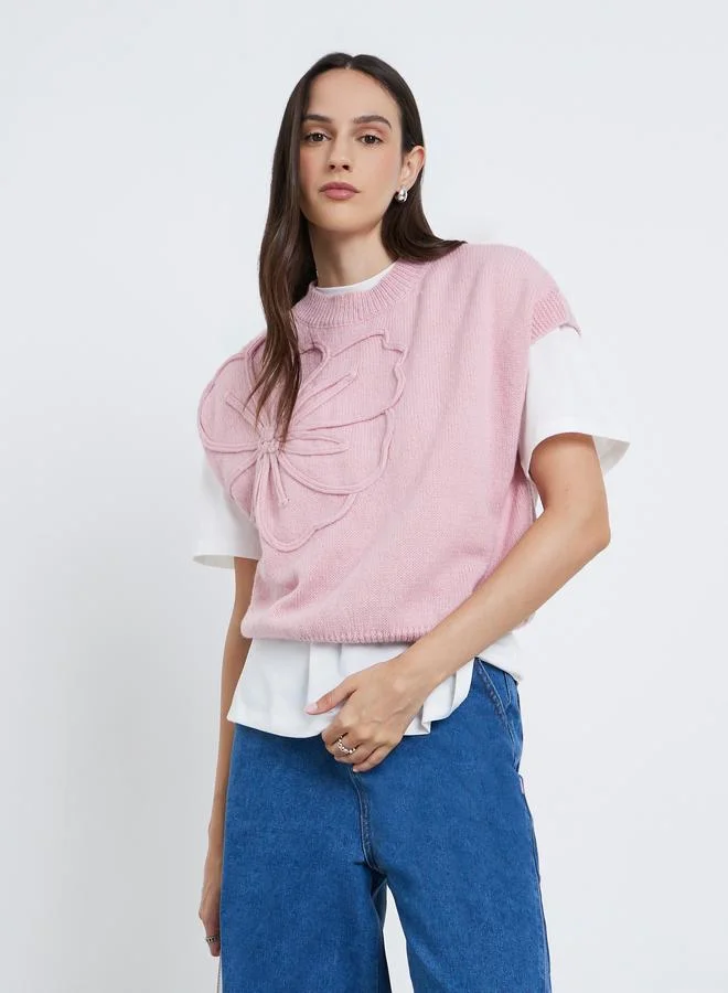 Styli Floral Ribbed Trim Top Light Pink