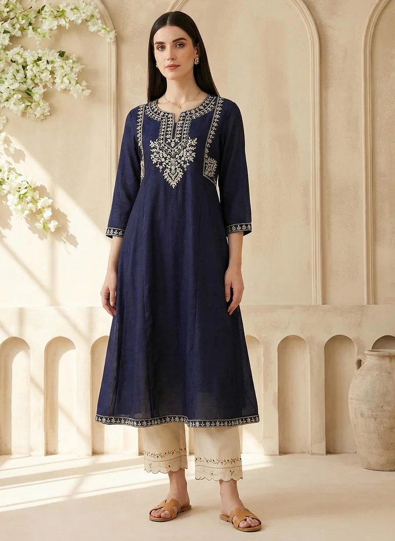 Globus Floral Embroidered Panelled Anarkali Kurta - Deep Blue
