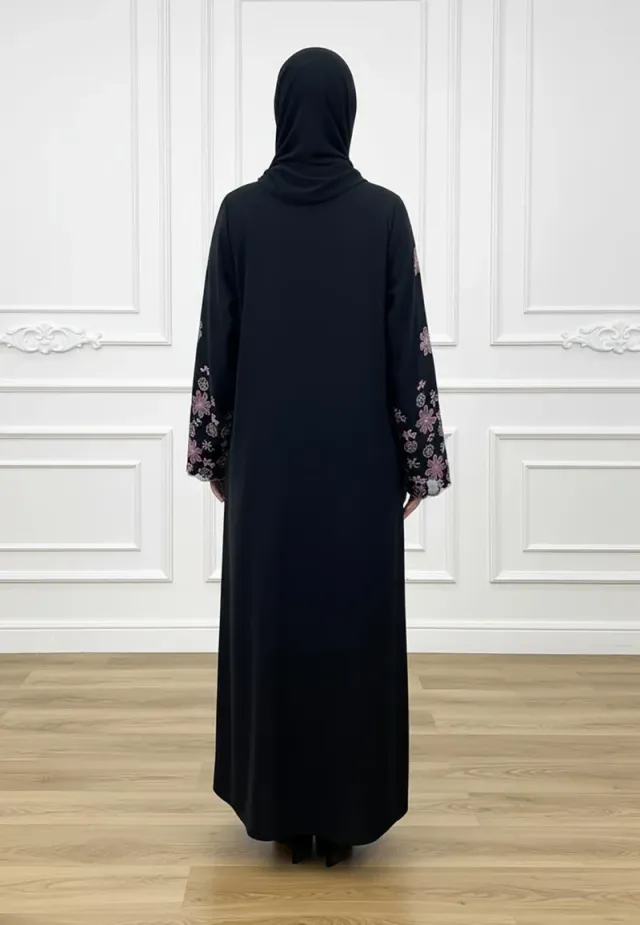 Black Long-Sleeve High-Neck Floral Embroidered Abaya – image 4