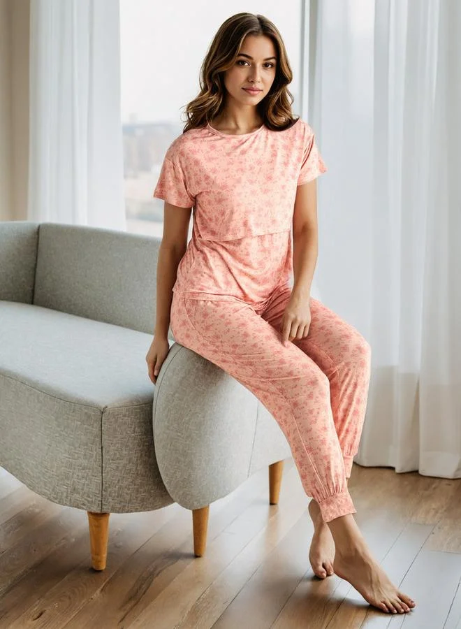 Printed Maternity Pyjama Set Pink