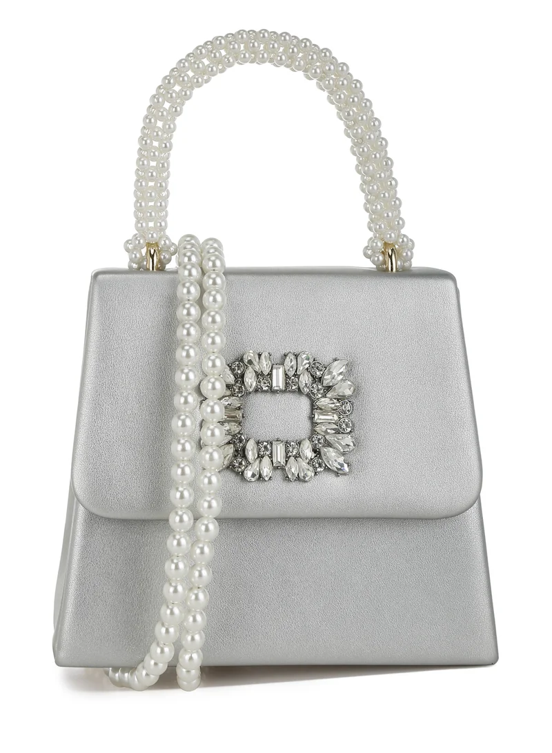Pearl Handle Diamante Brooch Bag White