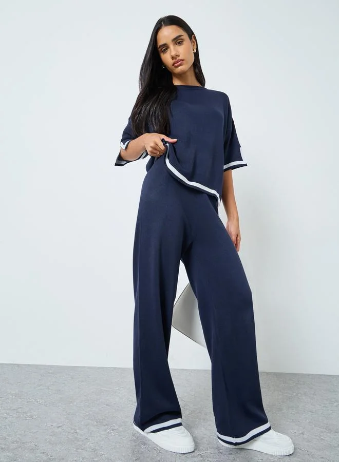 Styli Contrast Trim Wide Leg Knit Pants Deep Navy Blue