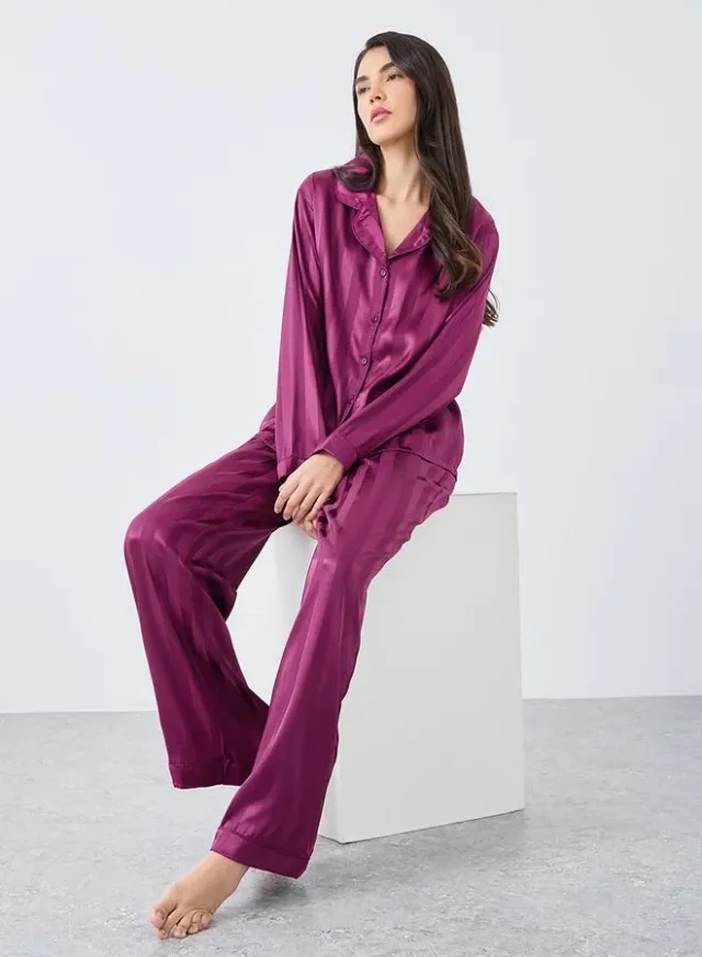 Styli Striped Satin Jacquard Pyjama Set Burgundy