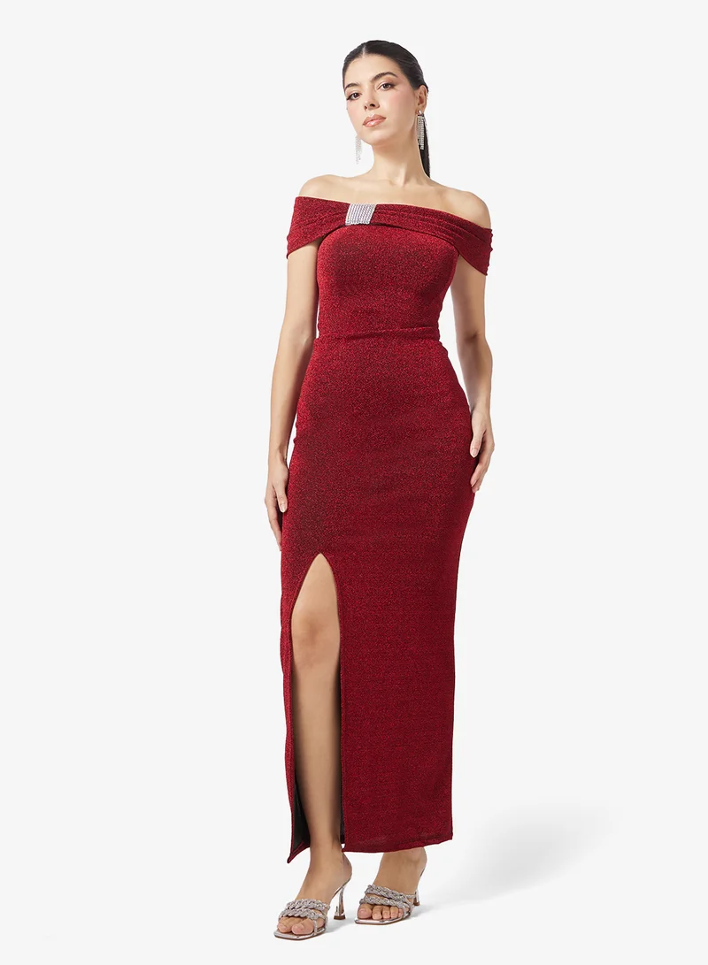 Off-Shoulder Shimmer Slit Dress