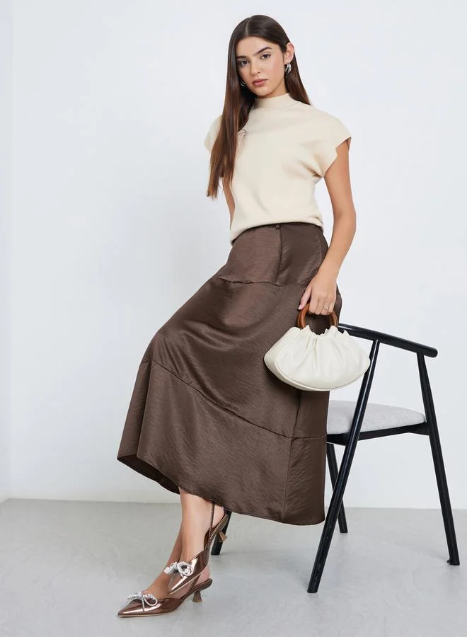 Women's High Rise Tiered Midi Skirt Brown