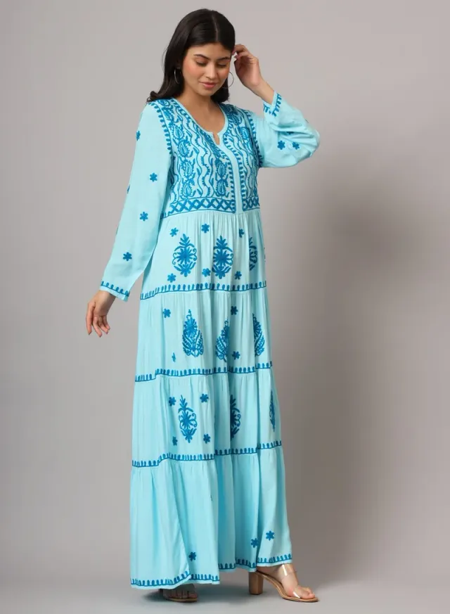 Turquoise Cotton Embroidered Jalabiya for Women - Plus Size – image 4