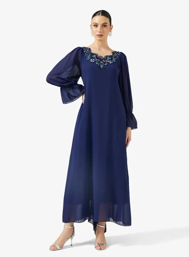 Navy Blue Maxi Dress with Round Neck, Puff Sleeves, and Embellishments – image 4