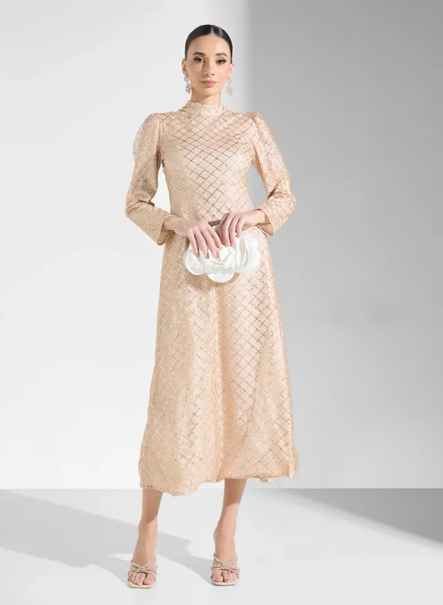 Beige Sequin Mockneck Long-Sleeve Midi Dress – image 4