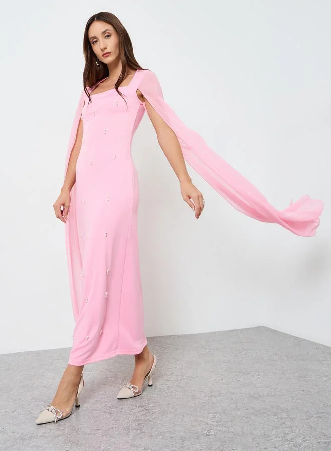 Embellished Flowing Sleeve Maxi Dress Light Pink