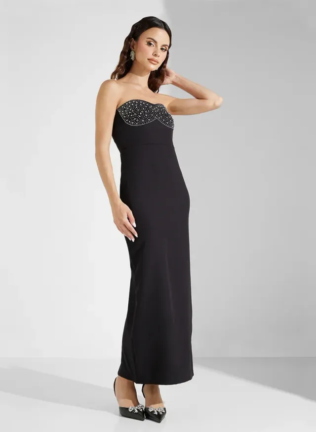 Black Embellished Strapless Maxi Dress with Side Slit – image 4