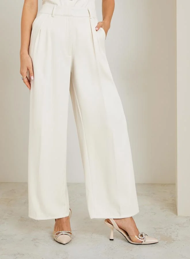 Off White Fold Pleat Wide Leg Trousers Beige