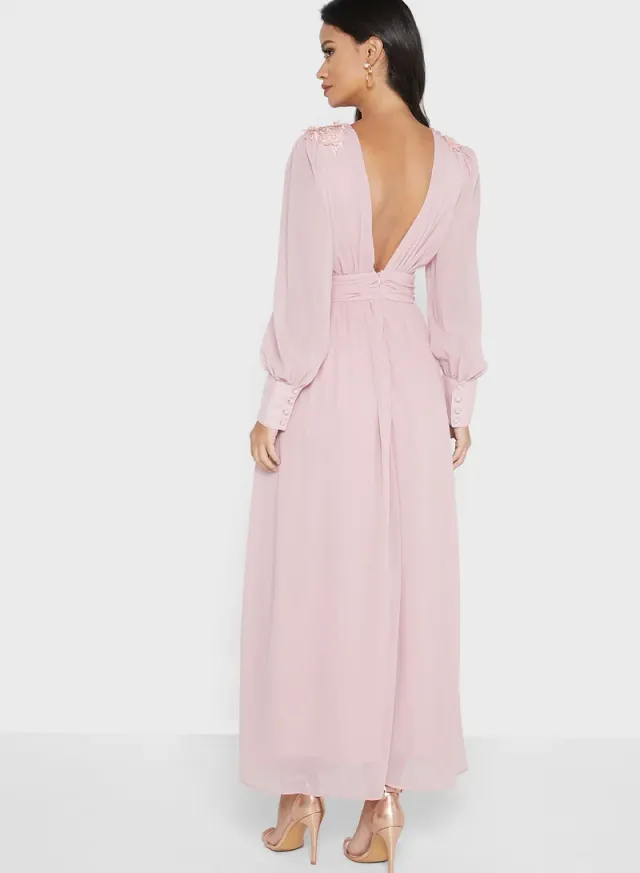 Dusty Pink V-Neck Maxi Dress with Balloon Sleeves and Belted Waist – image 2