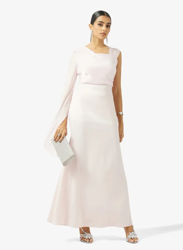 Light Pink Maxi Fit & Flare Dress with Asymmetrical Neck and Long Sleeves – image 4