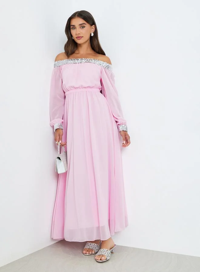 Sequined Off-Shoulder Maxi Dress Light Pink