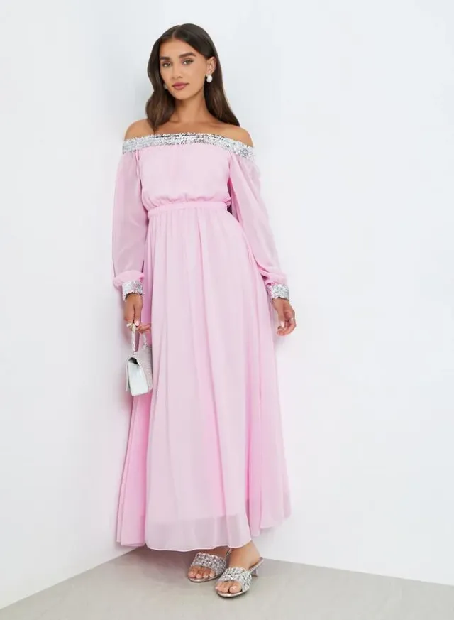 Sequined Off-Shoulder Maxi Dress Light Pink