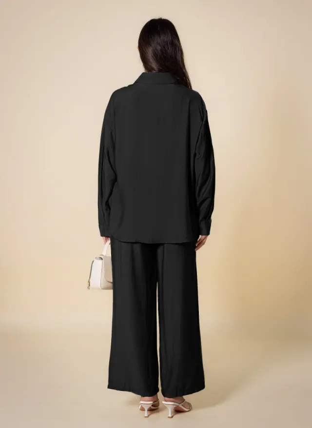 Brown Solid Long-Sleeve Collared Shirt and Pants Set for Women – image 3