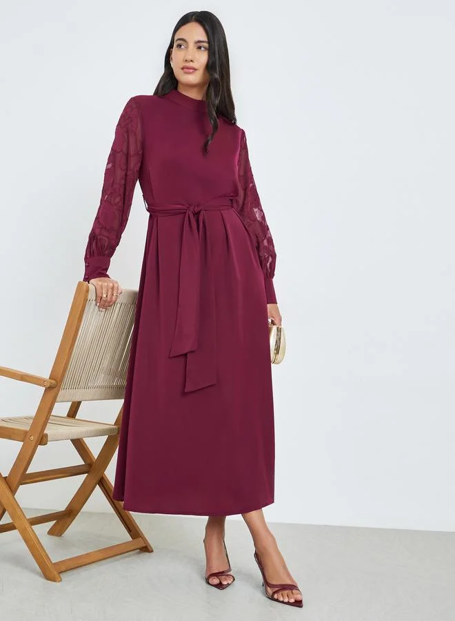 Cuffed Sleeve A-Line Maxi Dress Burgundy