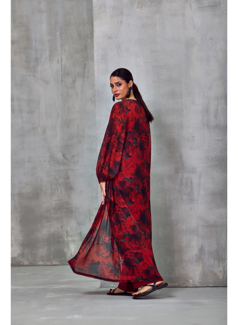 Floral Chiffon Longline Jacket Deep Maroon