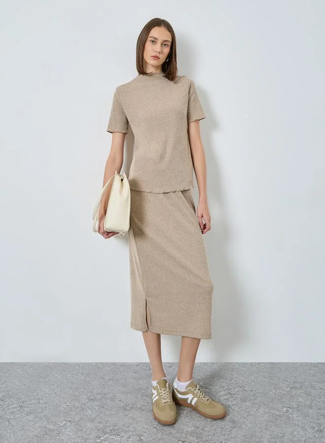 Ribbed Knit Top and Skirt Set Beige