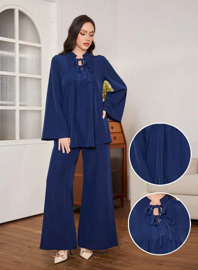 Ruffle Top and Wide Leg Pants Set Deep Blue