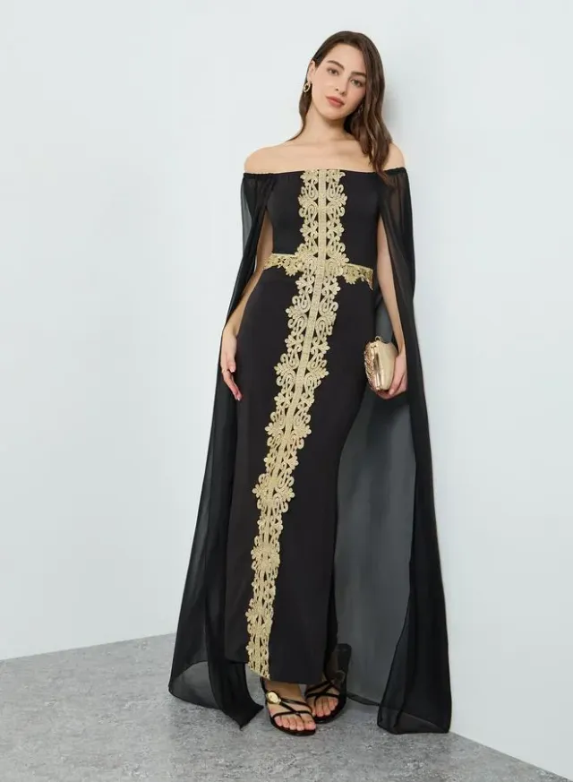 Embroidered Cape Maxi Dress Black – image 5