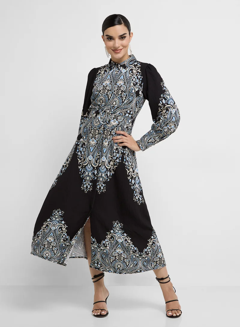 Paisley Print Midi Dress Black