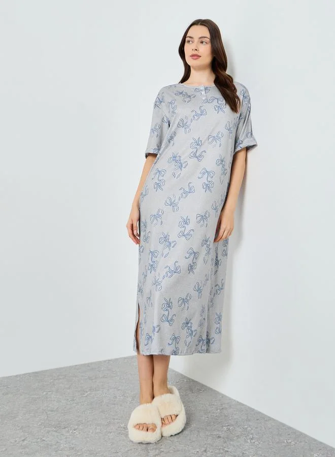 Bow Print Short Sleeve Nightdress Grey