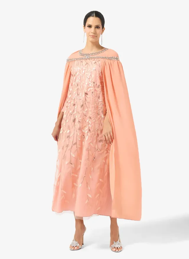 Peach Embellished Maxi Dress with Cape for Women – image 4