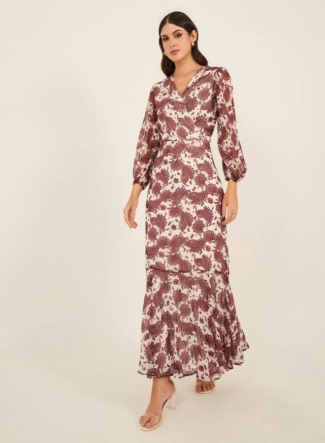 Styli Printed Balloon Sleeve Maxi Dress