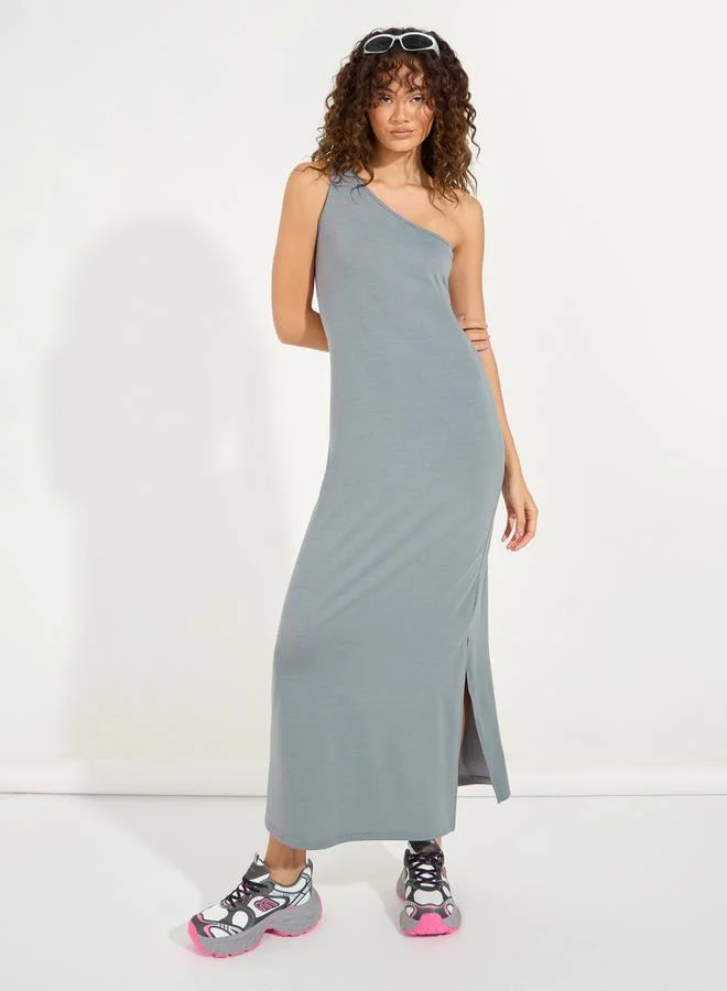 Styli Lace One Shoulder Maxi Dress Dusty Blue