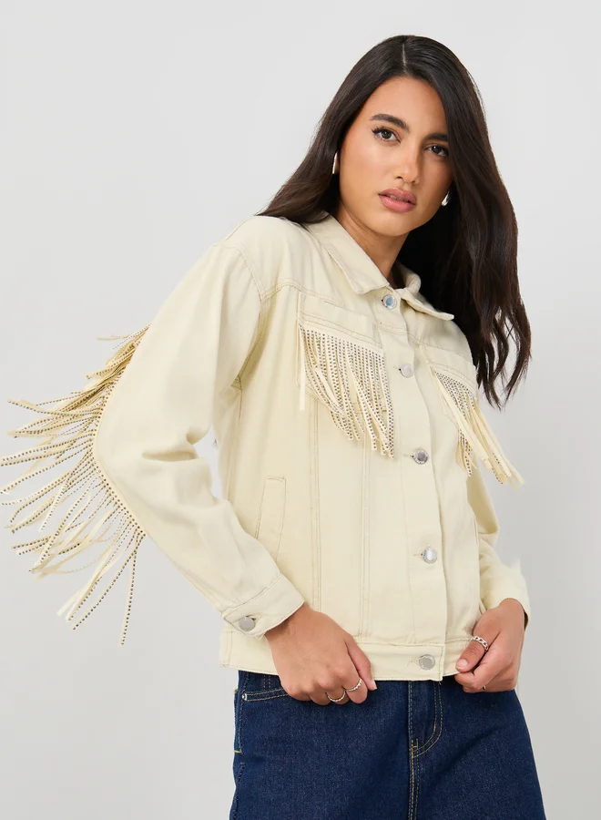 Styli Women Oversized Faded Denim Jacket Beige