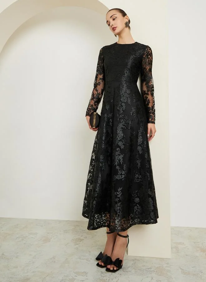 Lace Long Sleeve A-Line Maxi Dress Black