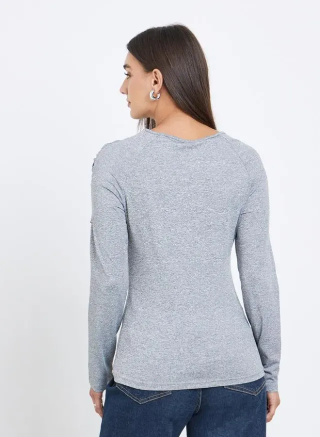 Women's Grey Polyester Long-Sleeve Top with Drape Detail – image 5
