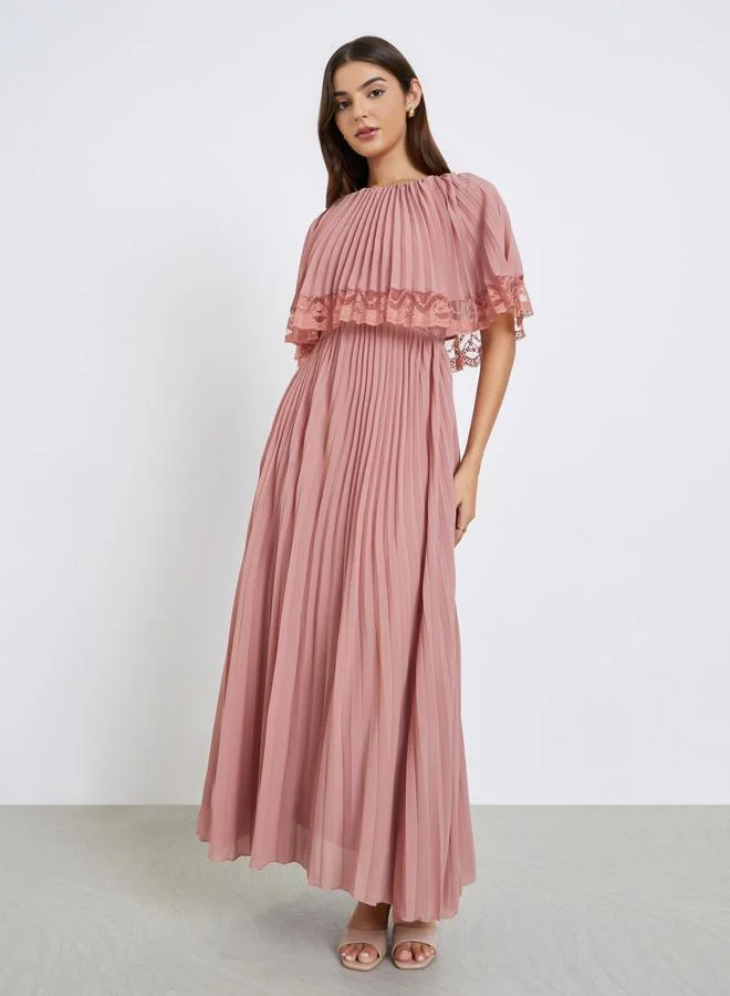 Pleated Lace Trim Maxi Dress Dusty Rose