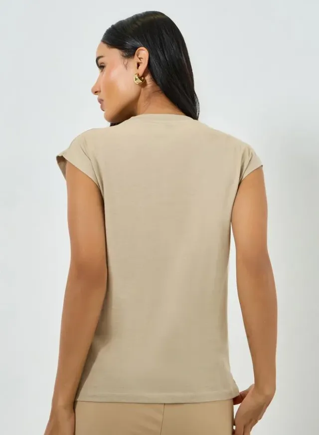 Cap Sleeve Cotton T-Shirt Beige – image 5