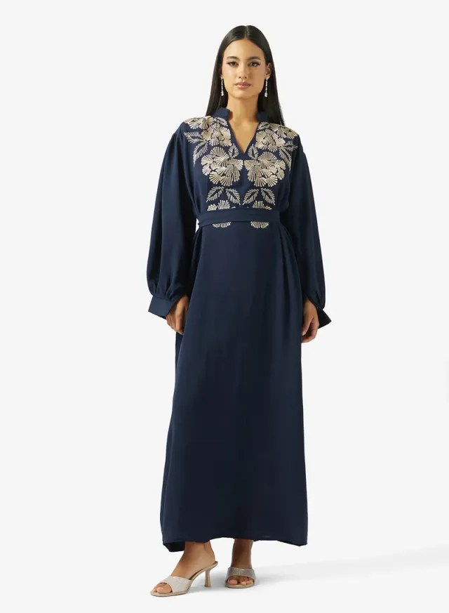 Floral Embroidered Belted Jalabiya