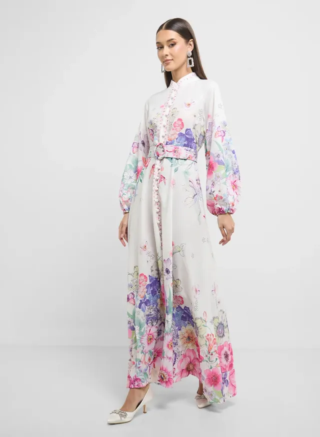 Ivory Floral Print Maxi Dress with Belt and Long Bishop Sleeves